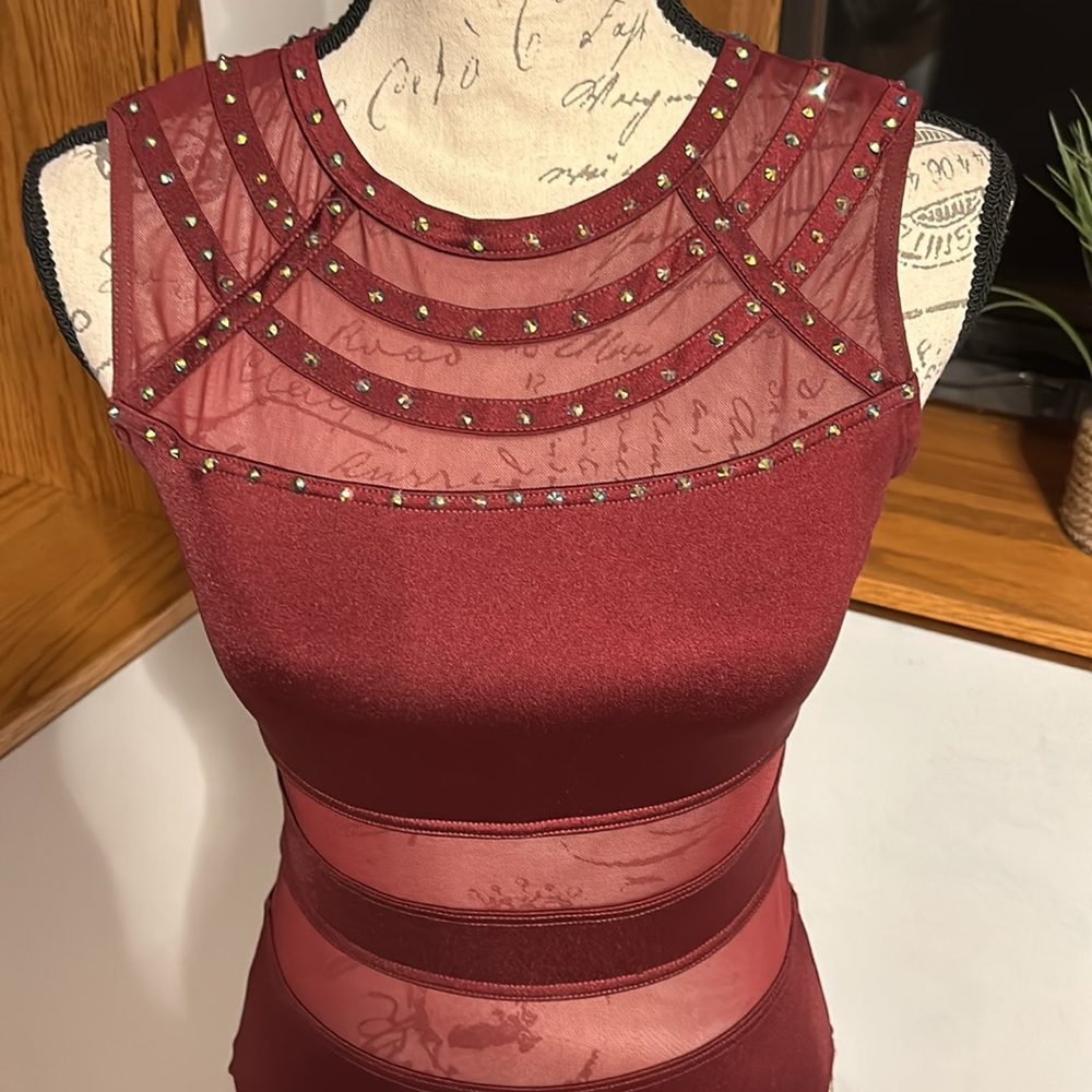 Balera Burgundy Dance Costume w/ Mesh & Rhinestone Details